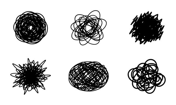 Set of six black scribbled messy chaotic circles and blobs on a white background Vector