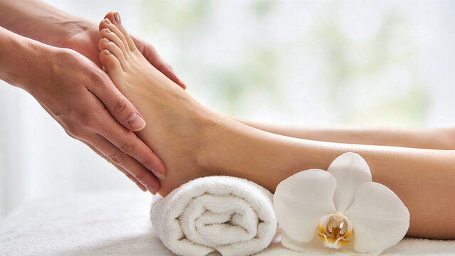 Relaxation session involves foot massage and white orchid in spa setting during daytime