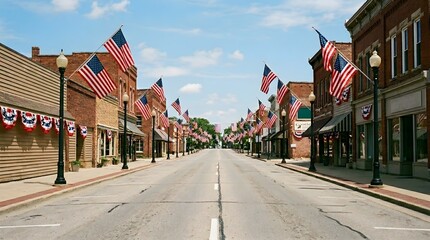 Naklejka premium Small town main street decorated with American flags for holiday celebration.
