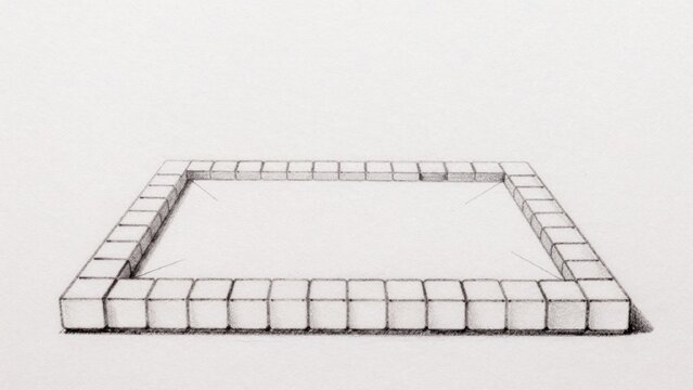 Black-and-white drawing plain light-colored paper square-shaped structure made small rectangular bricks arrang