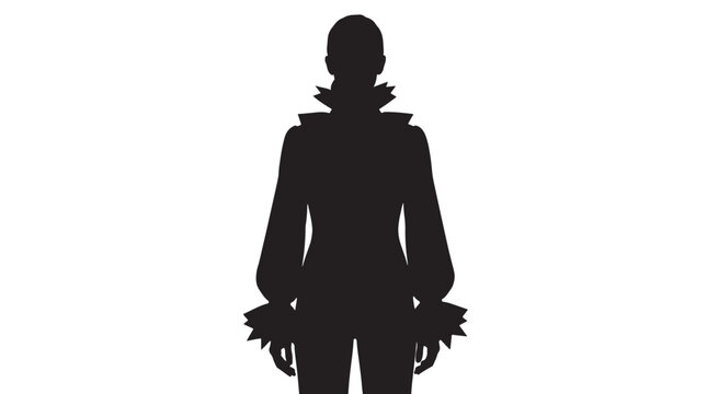 Starlight Ruffle Blouse Silhouette, Woman wearing a sophisticated blouse with dramatic ruffled collar and cuffs standing white background, Editable Vectors Strokes Illustrations Silhouettes.