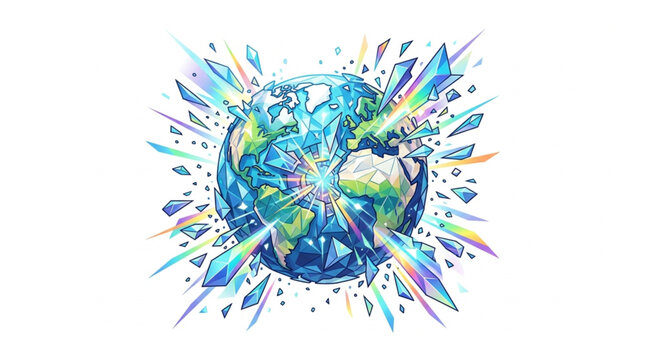 Earth globe exploding with bright colorful crystal shards.