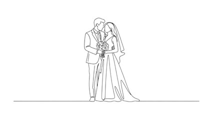 A romantic wedding couple stands together holding hands in love. © Stock Image Paradise