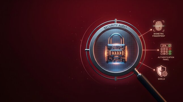Cybersecurity audit concept featuring a digital padlock, biometric fingerprint scanner, and authentication icons viewed through a magnifying glass on a dark red background.