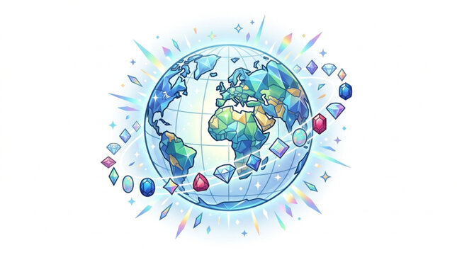 Earth globe surrounded by sparkling gemstones and crystals.