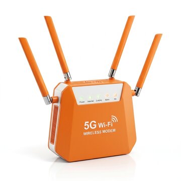 3d Wifi Router (Modem) Isolated On The white Background. Orange Minimal Modern Wifi Router. 3D Illustration, 3d rendering.  Wi-Fi hotspot zone. The concept of a Wireless Modem for 5G.