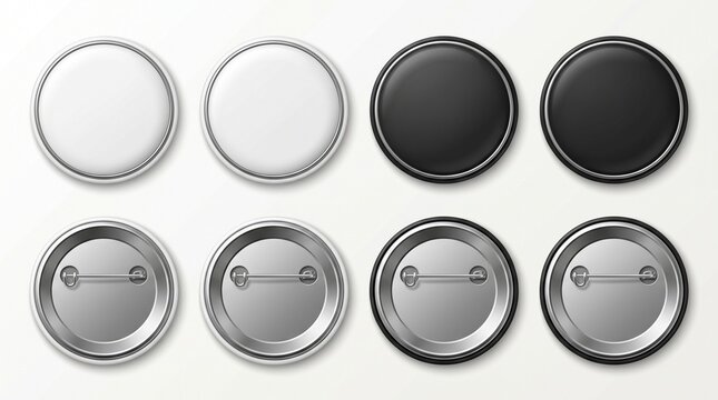 Pin button mockup set isolated on background. Vector realistic illustration of round metal white and black badges with blank surface for corporate promo branding design, souvenir back and front view