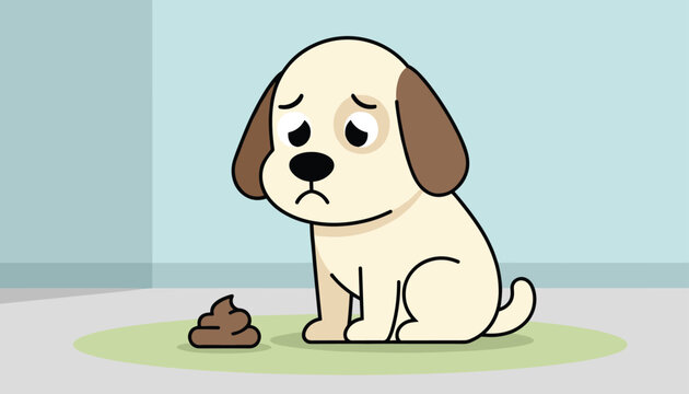 Adorable puppy with a sad expression sits on a green rug next to a pile of brown poop representing pet training and housebreaking issues.