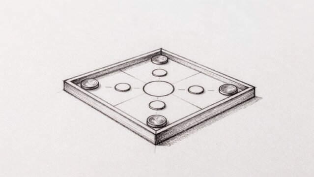 Black-and-white drawing plain light-colored paper square-shaped object rectangular base appears made wood meta
