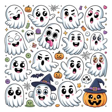 Adorable Halloween Ghost Sticker Pack Featuring Various Emotions and Poses