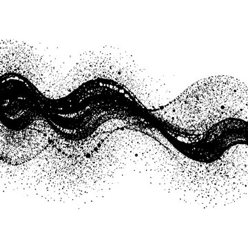 Digital particle wave, granular motion graphic, abstract energy flow visualization, stippled vector style waveform, black and white dynamic design element.