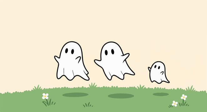 Three playful ghosts float over a grassy field with flowers