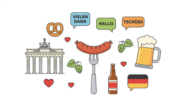 Collection of German symbols including Brandenburg Gate, pretzel, beer, sausage, and the flag with greeting bubbles in German language.