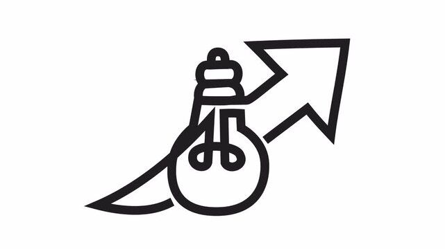 Lightbulb and upward arrow cartoon icon with creative growth and financial progress concept isolated on a transparent background for smart success development and strategic breakthrough line art.