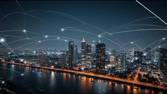 Social media fo city and Smart digital Innovation city with connection network reciprocity over the cityscape. of future smart wireless city and social media networking systems that connects business