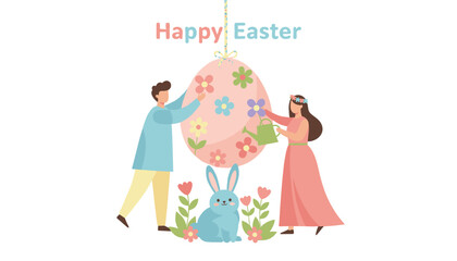 Fototapeta premium Young man and woman decorate a giant pink easter egg with flowers while a cute blue bunny sits in a patch of spring tulips nearby.