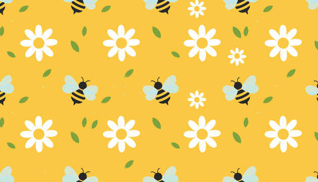 Sweet spring pattern features bumblebees, white daisies, and green leaves scattered across a bright yellow background for a sunny feel.