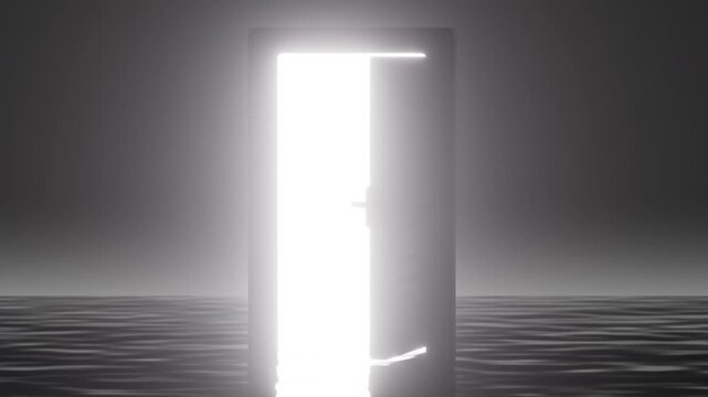 Light shines through the door. It represents new hopes, new job opportunities, a new world, and so on. 3d rendering.