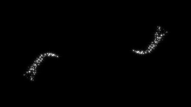 Twinkling fairy dust sparkle animation, glowing white glitter particles, magical star trail motion, fairy doodle stars, and a shimmering starlight trail on a black screen background in vibrant 4K.