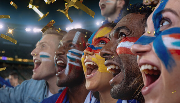 Diverse group of passionate sports fans with face paint cheering ecstatically at a stadium under falling gold confetti, celebrating a thrilling victory. Perfect for sports marketing.