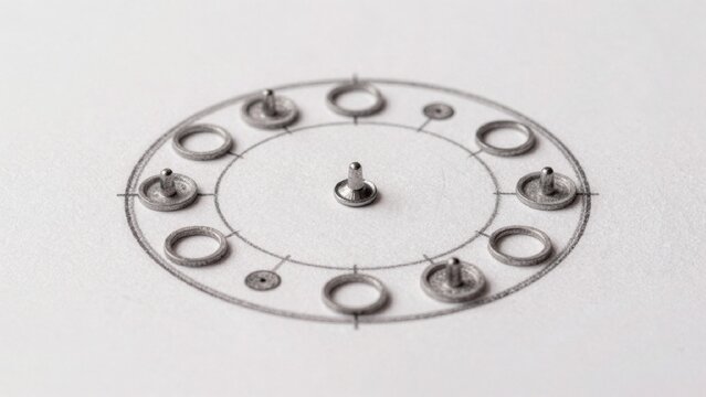High-resolution taken close-up perspective focusing circular arrangement small metallic objects arranged symme