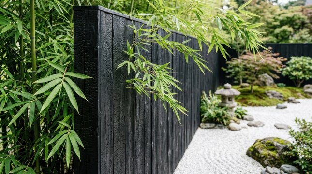 Black charred wood fence in Japanese garden. Shou sugi ban plank wall with green bamboo foliage and stone lantern. Zen landscaping design for peaceful outdoor architecture and decor.