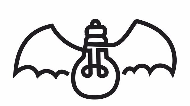 Light Bulb with bat wings cartoon icon with creative night thinking and dark mode concept isolated on a transparent background for an innovative Halloween idea and spooky brainstorming line art.