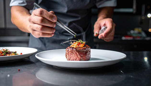 Professional chef meticulously plating a hot gourmet beef steak using precision tweezers in a luxury restaurant kitchen, showcasing fine dining artistry and culinary perfection.