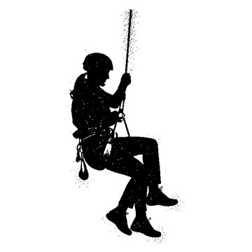 Black silhouette of climber abseiling down rope, rappelling figure in safety harness, vertical descent profile with gear, isolated cutout.