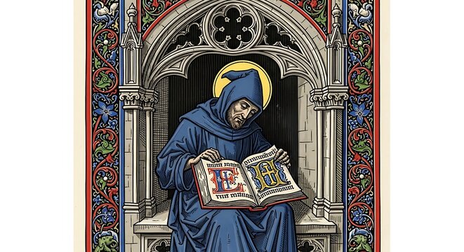 Medieval Hooded Monk Reading Illuminated Manuscript in Gothic Archway