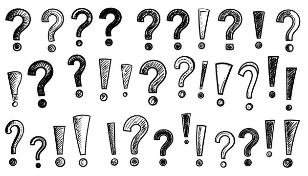 Hand Drawn Question and Exclamation Marks Arranged on White Background