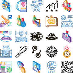 Fototapeta premium Set of diverse isometric icons illustrating a wide range of modern concepts, covering business, technology, finance, travel, nature, health, and social themes in a crisp visual style