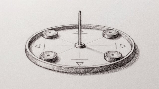 Black-and-white drawing close-up round circular device metallic surface appears joystick control panel depicte