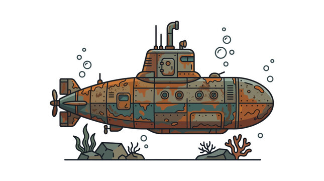 Rusty Submarine Underwater Scene Illustration.
