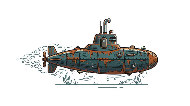 Rusty Submarine Underwater Scene Illustration.