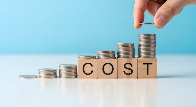 Hand stacking coins on wooden blocks spelling C O S T in ascending order money finance