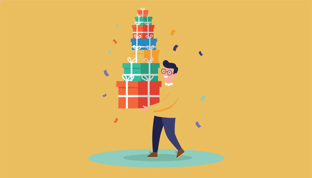 Happy man carrying a very tall stack of colorful gift boxes while festive confetti falls around him on a bright yellow background.