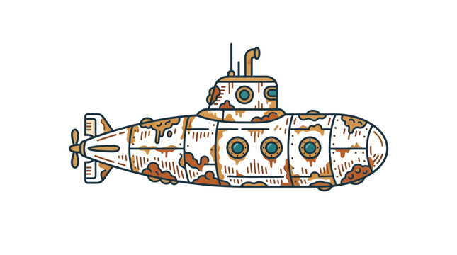 Rusty old submarine illustration with weathered metal and portholes.