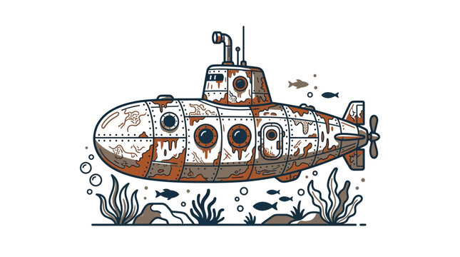 Rusty old submarine underwater with fish and seaweed.
