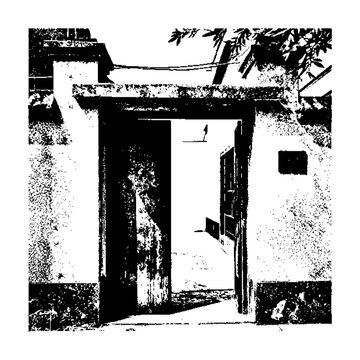 Rustic entryway structure, aged portal with distressed masonry, rural courtyard access, traditional gateway architecture, textured facade. Isolated, cutout, rgba