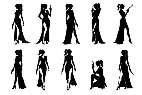 Elegant Female Secret Agent Silhouette Vector Set with Luxury Evening Gowns, Pistols and Covert Action Poses