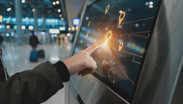 A traveler&rsquo;s hand touches an interactive map screen with golden pins inside a modern airport terminal, illustrating digital navigation, smart travel tech, and wayfinding.