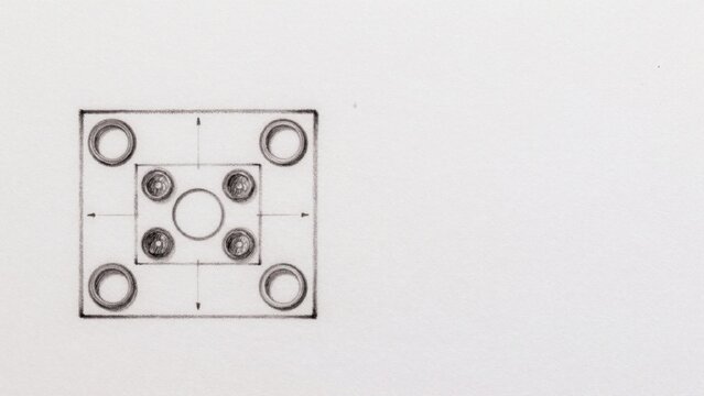 Black-and-white drawing plain white surface which appears sketch piece paper square-shaped grid-like structure