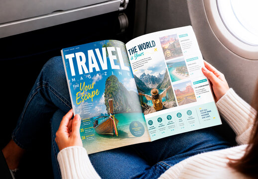 Airplane Magazine Mockup in Passenger Cabin
