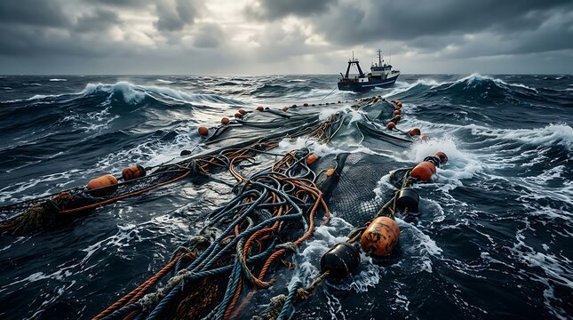 Over the rough seas, a commercial fishing vessel deploys extensive netting with buoys, symbolizing the challenging and labor-intensive nature of the fishing industry and the vastness of the ocean