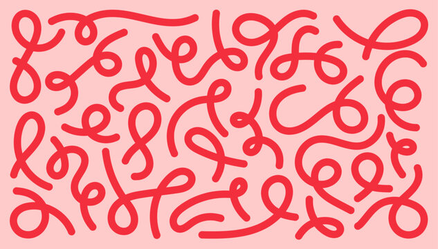 Abstract squiggles and doodles vector illustration set. Large collection of hand-drawn curvy and wavy line design elements on pink background.