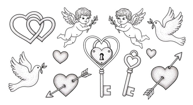Whimsical pen of hearts keys and cherubs isolated on a transparent background