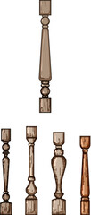 Obraz premium Various wooden balusters presenting different turning styles, illustrating options for home interior design and construction projects with decorative railing components