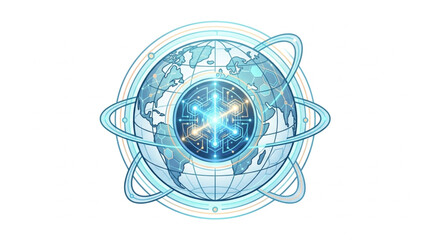 Digital Globe with Orbiting Rings and Glowing Center. © Gerda
