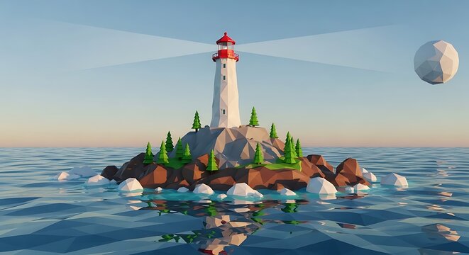 Low Poly Lighthouse Standing on Rocky Island in Calm Ocean